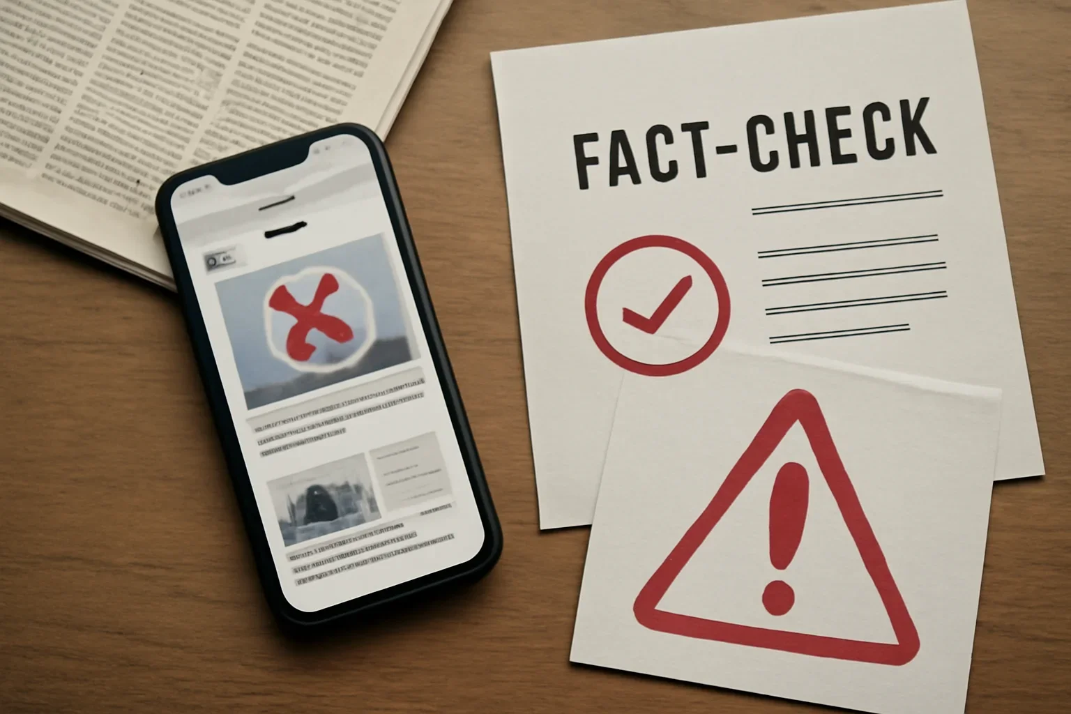 Editorial-style image for What Is Disinformation in Politics? with smartphone news feeds, fact-check notes, and warning markers on a desk