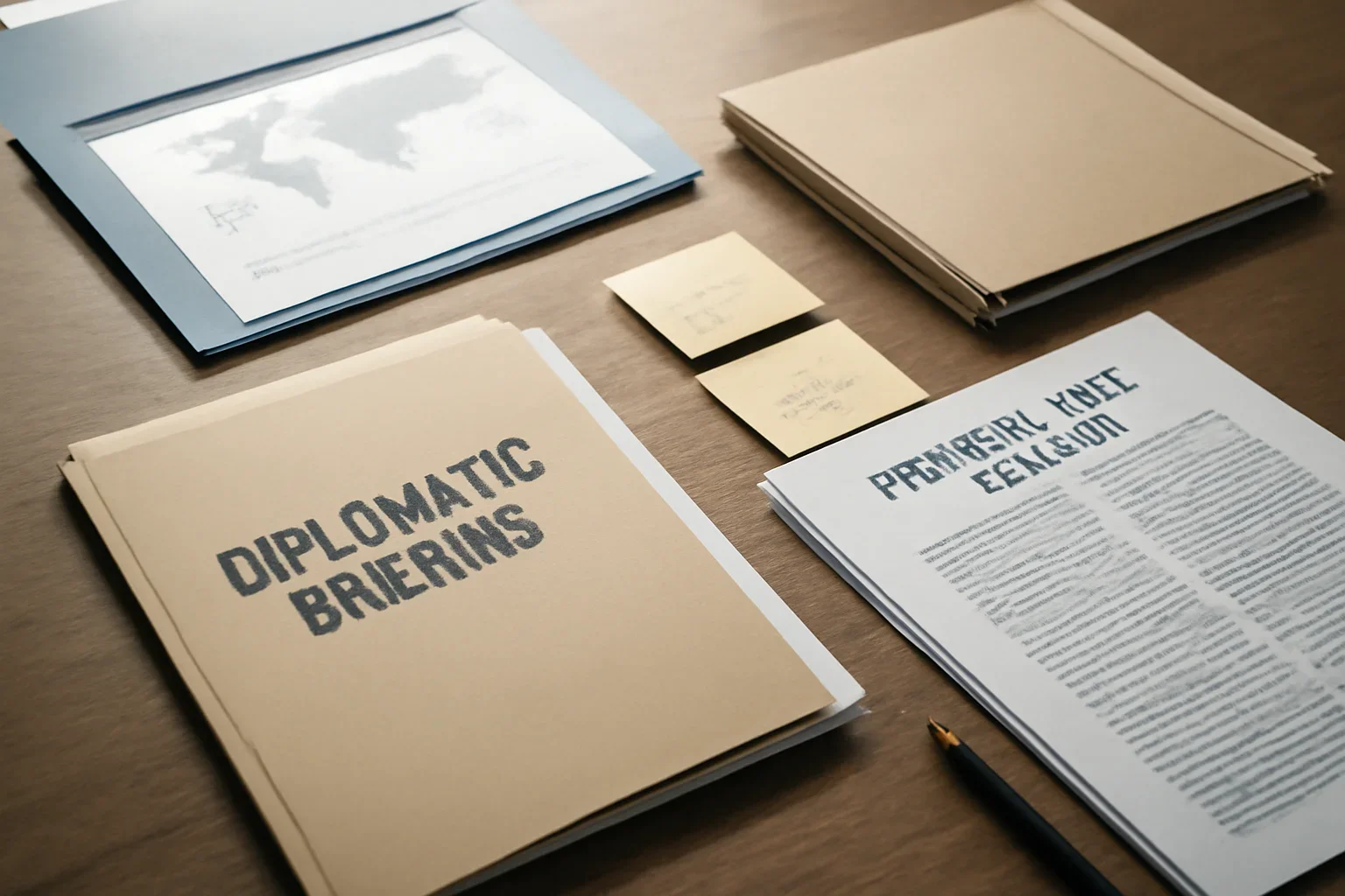 Editorial-style image for What Is Foreign Policy Analysis? with policy briefing table with folders, notes, and diplomatic briefing papers