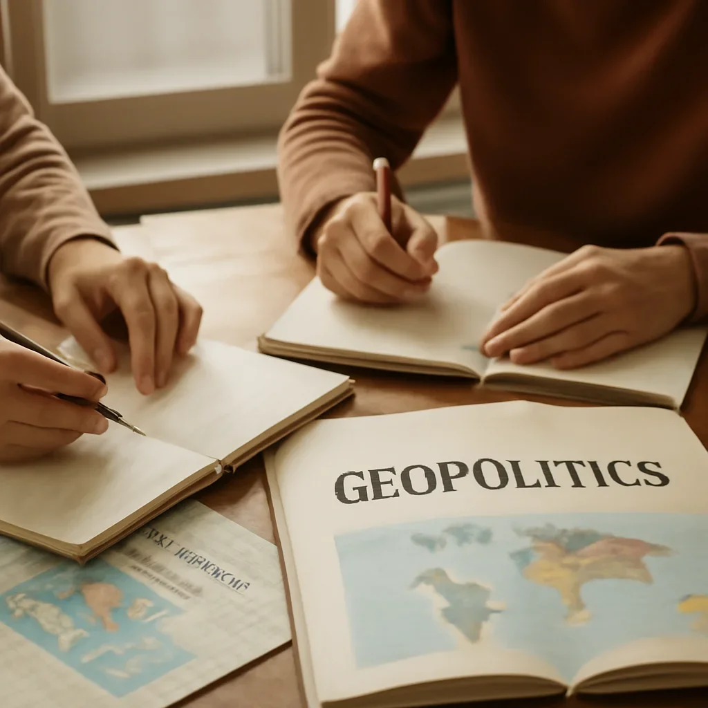 Closing call-to-action image for What Is Geopolitics? A Clear Guide for Students featuring readers, notebooks, and international affairs material