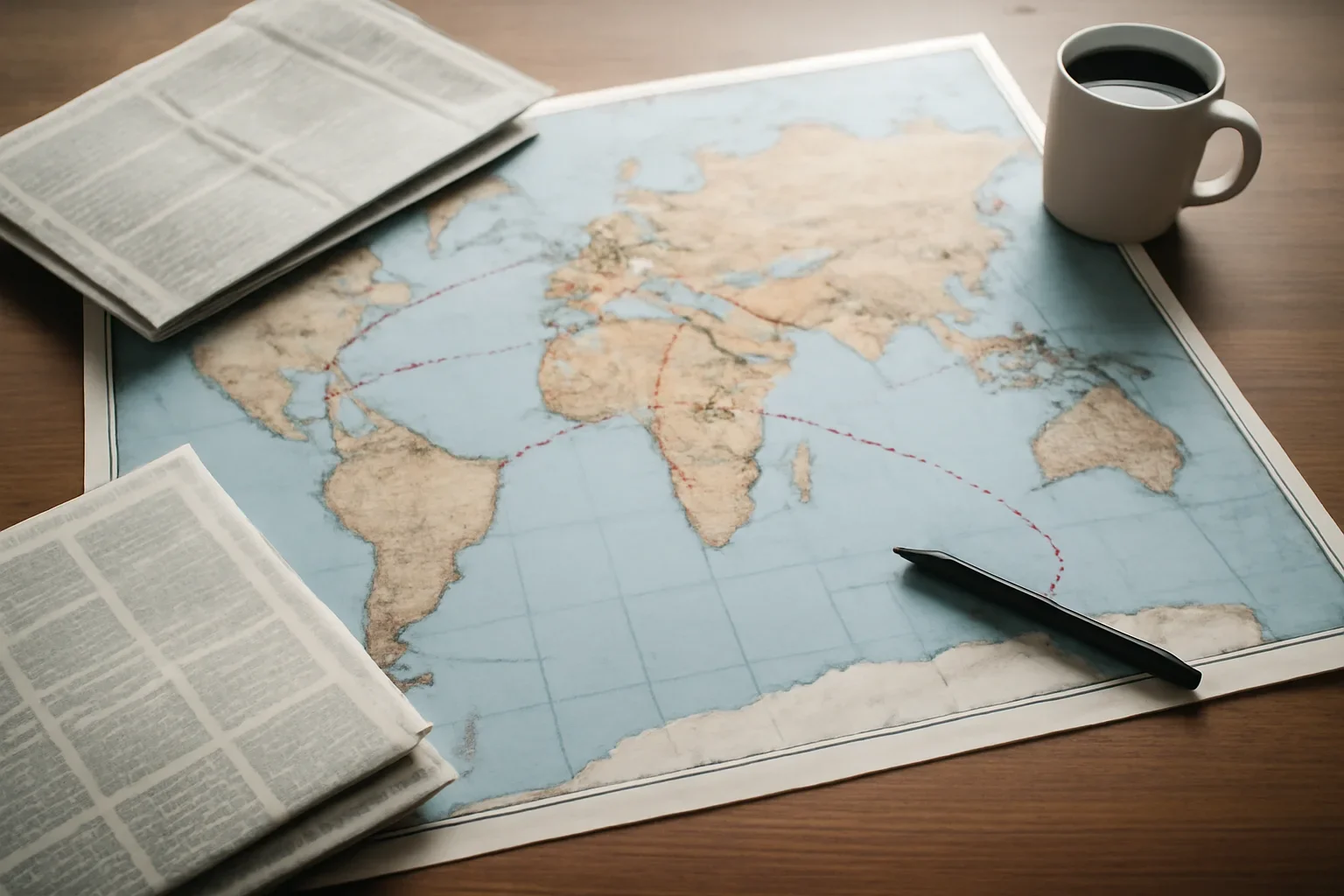 Editorial-style image for What Is Geopolitics? A Clear Guide for Students with editorial desk with a world map, newspapers, and route markings