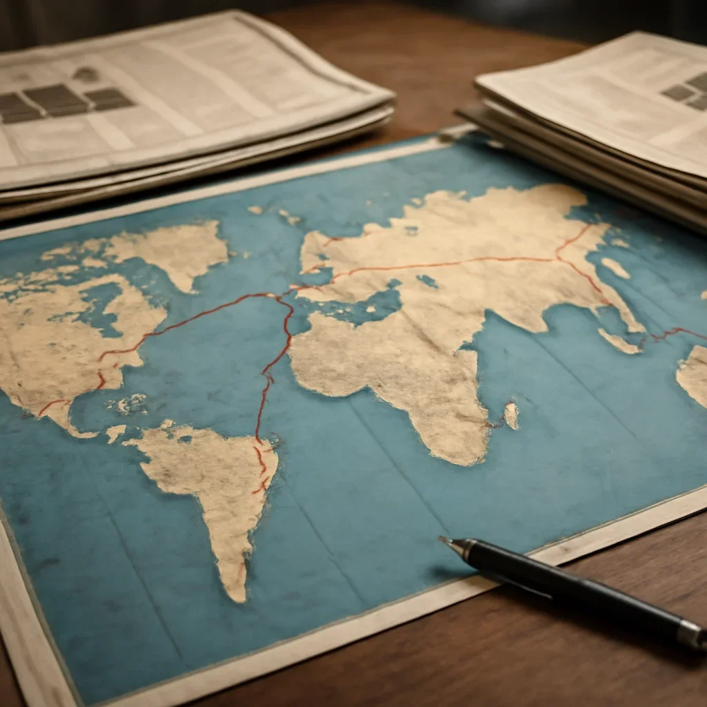 Supporting visual for What Is Geopolitics? A Clear Guide for Students showing editorial desk with a world map, newspapers, and route markings in a working editorial context