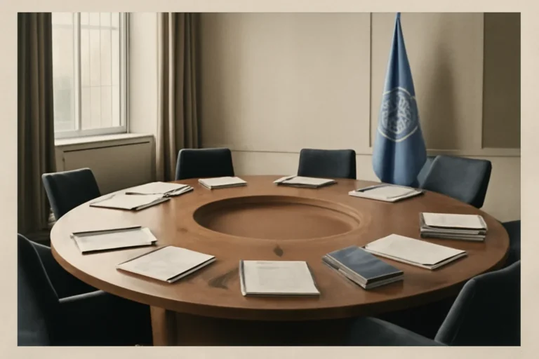 Editorial-style image for What Is the Rules-Based International Order? with UN-style meeting table, legal notes, and diplomatic documents