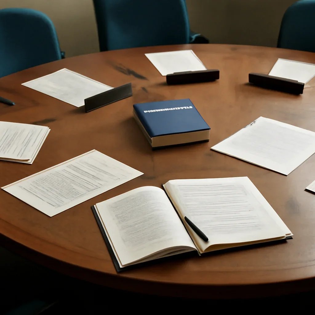 Supporting visual for What Is the Rules-Based International Order? showing UN-style meeting table, legal notes, and diplomatic documents in a working editorial context