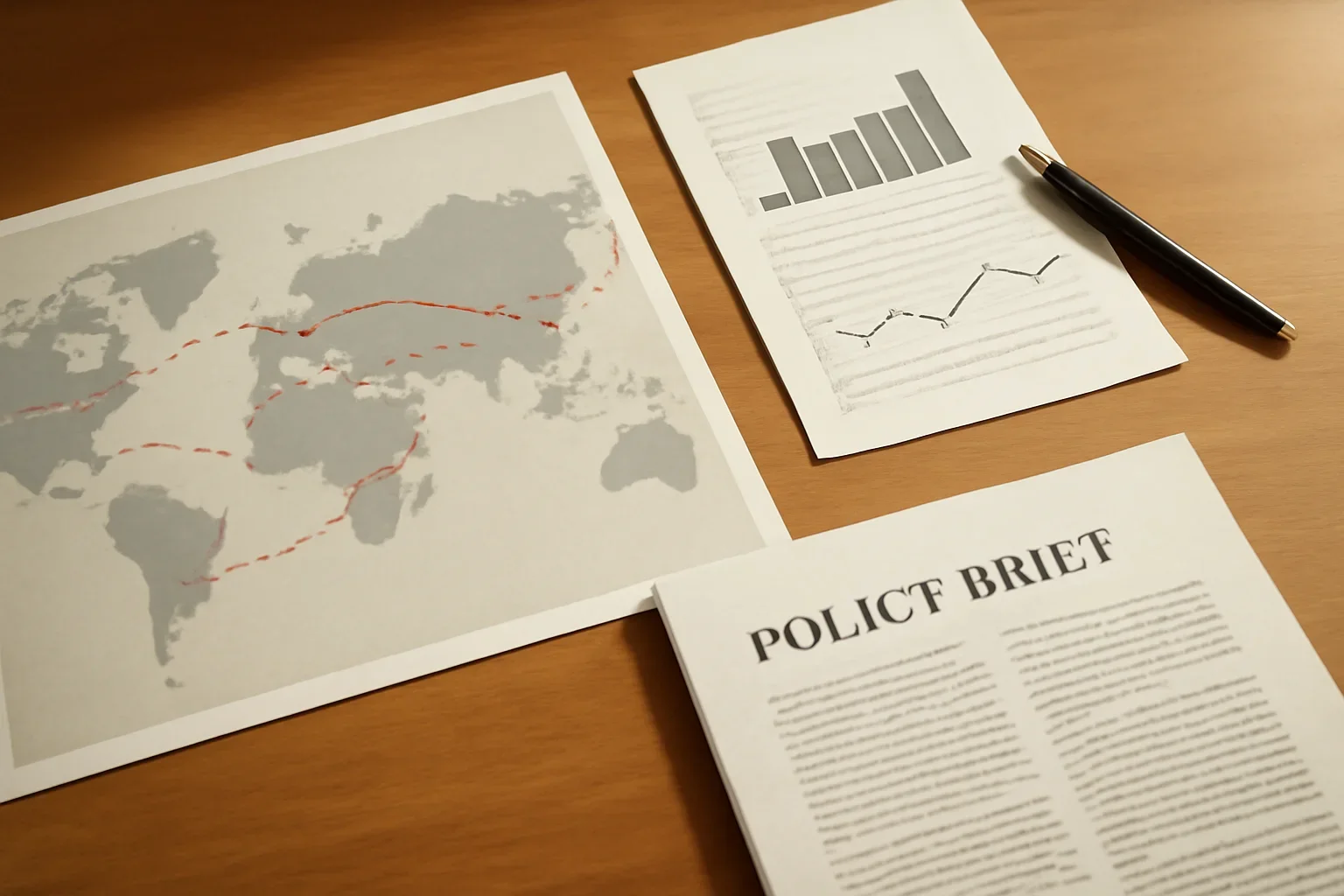 Editorial-style image for Why Sanctions Work or Fail with trade route map, financial charts, and policy brief on a desk