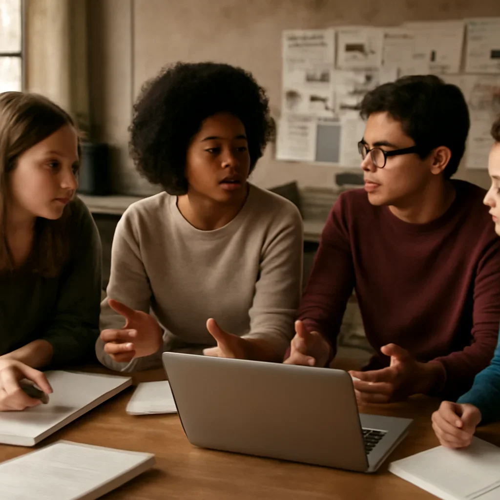 Supporting visual for Why Youth Perspectives Matter in Foreign Policy showing student editorial meeting with notebooks, laptops, and lively discussion in a working editorial context