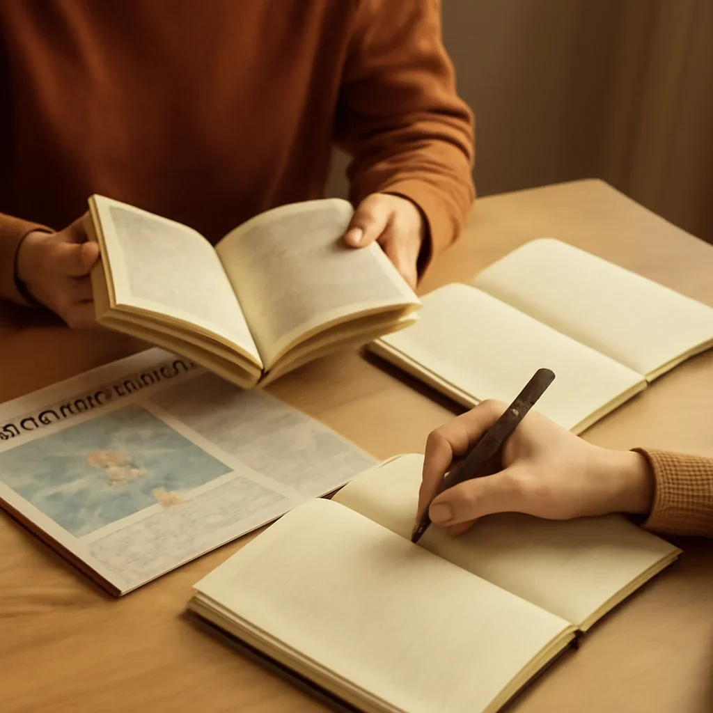 Closing call-to-action image for Careers featuring readers, notebooks, and international affairs material