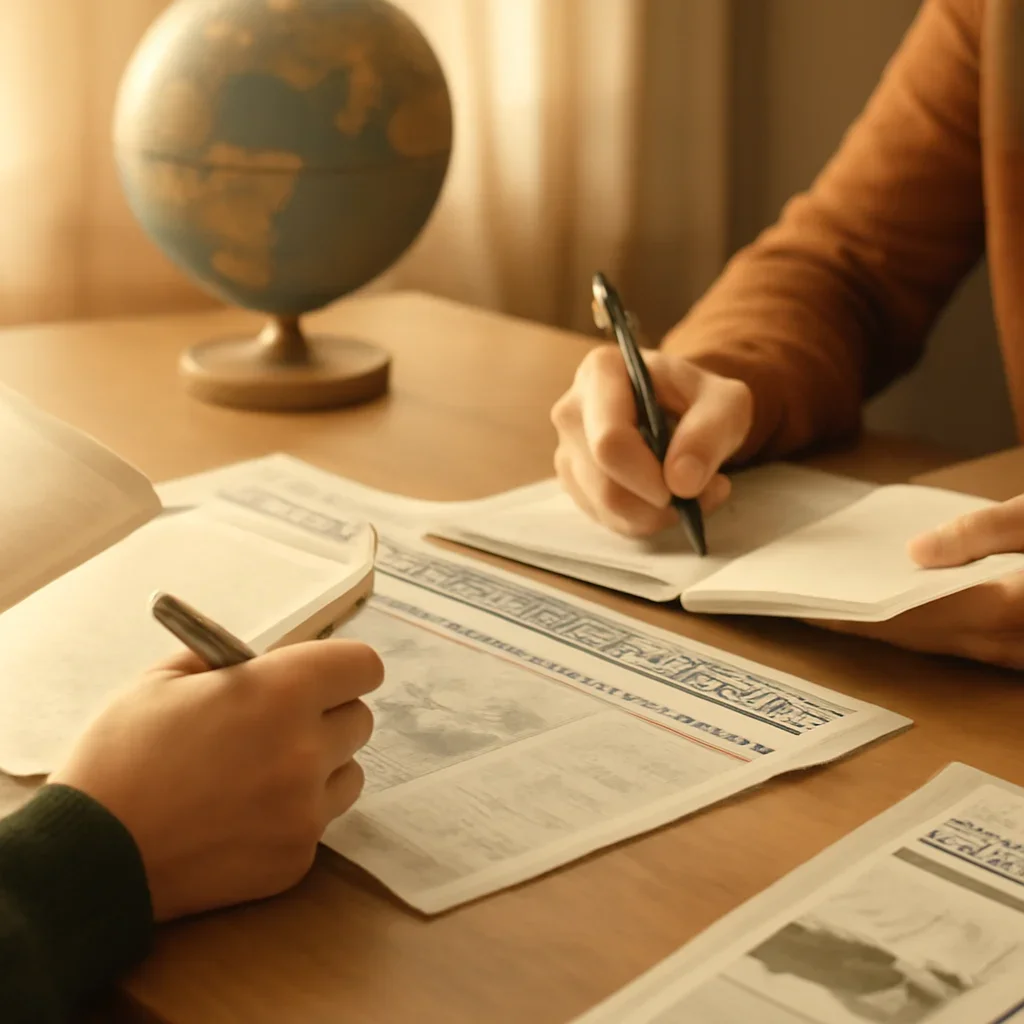 Closing call-to-action image for Alumni Writer Journeys featuring readers, notebooks, and international affairs material