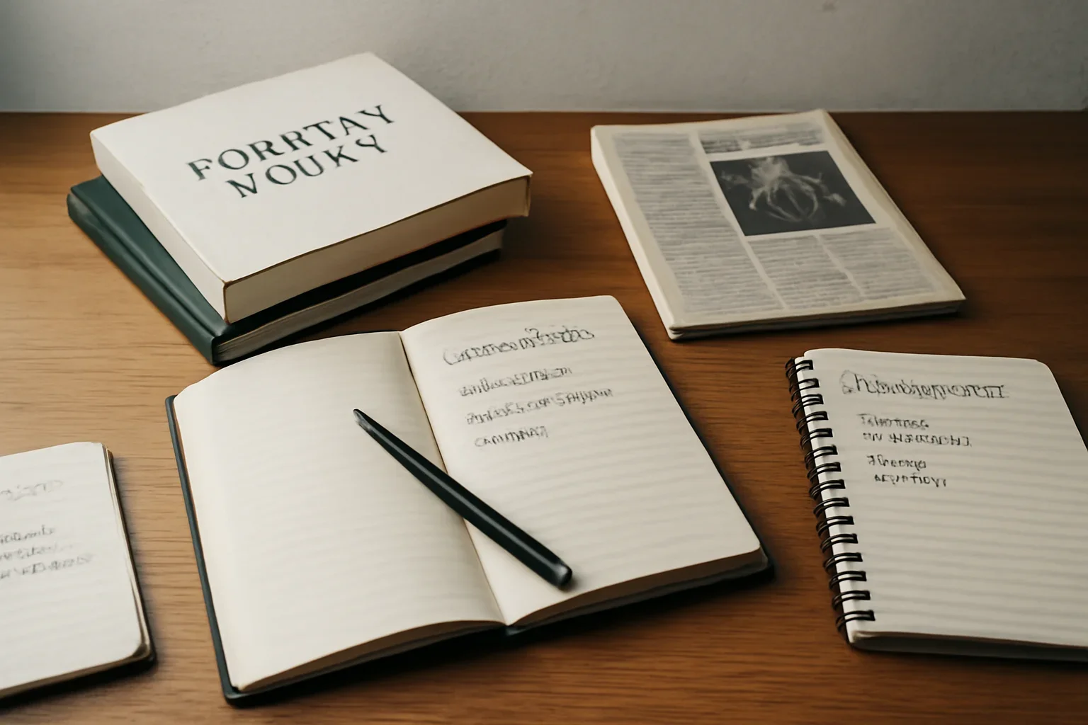 Editorial-style image for Alumni Writer Journeys with student career planning desk with notebooks, interview notes, and foreign policy books