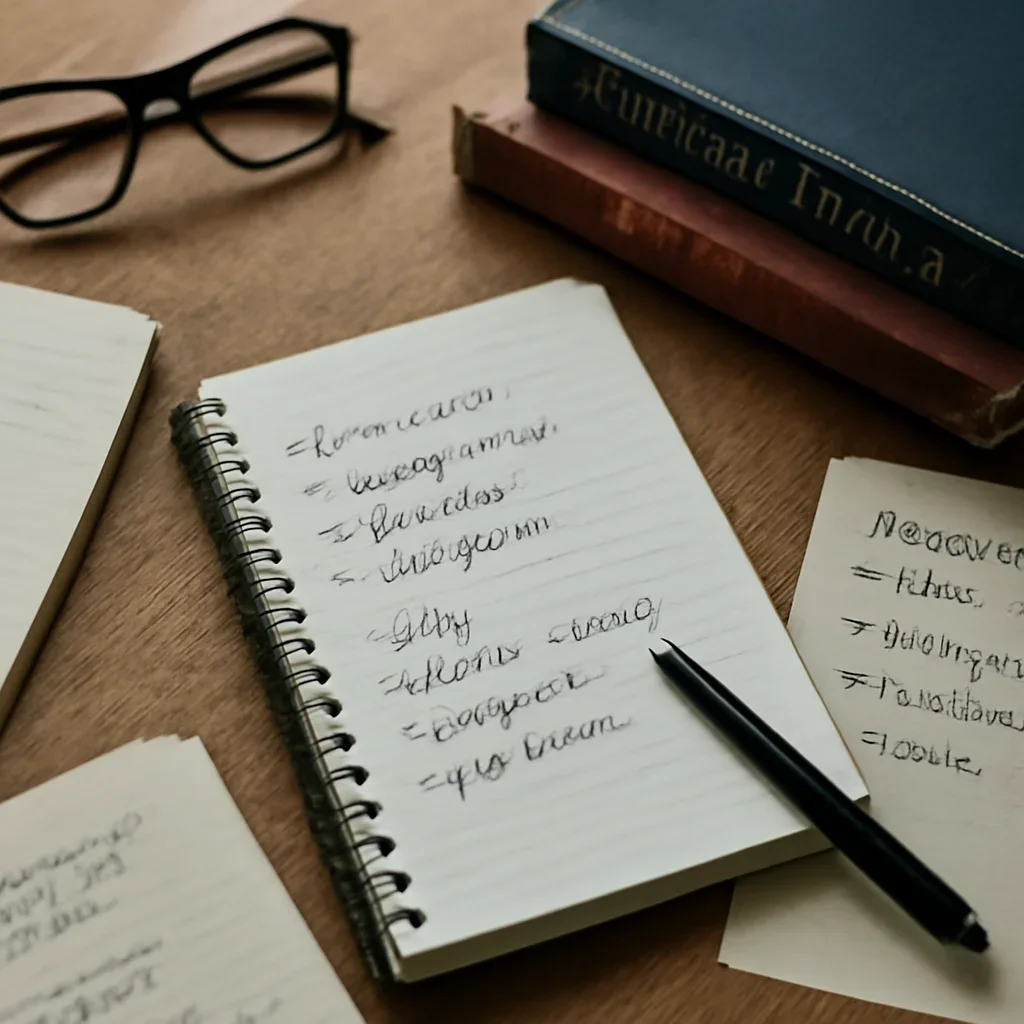 Supporting visual for Alumni Writer Journeys showing student career planning desk with notebooks, interview notes, and foreign policy books in a working editorial context