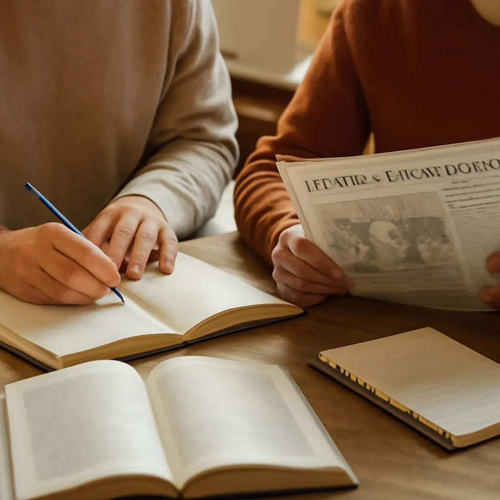 Closing call-to-action image for Campus Collaborations featuring readers, notebooks, and international affairs material