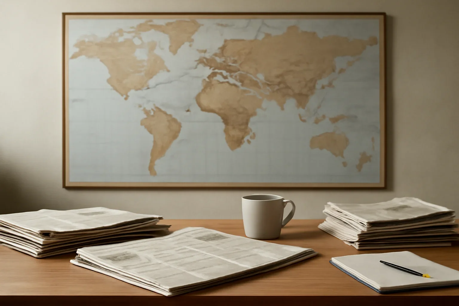 Editorial-style image for Campus Collaborations with editorial desk with a world map, newspapers, and route markings