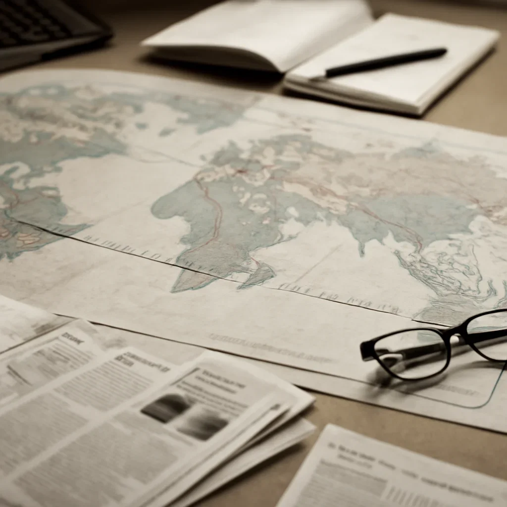 Supporting visual for Campus Collaborations showing editorial desk with a world map, newspapers, and route markings in a working editorial context