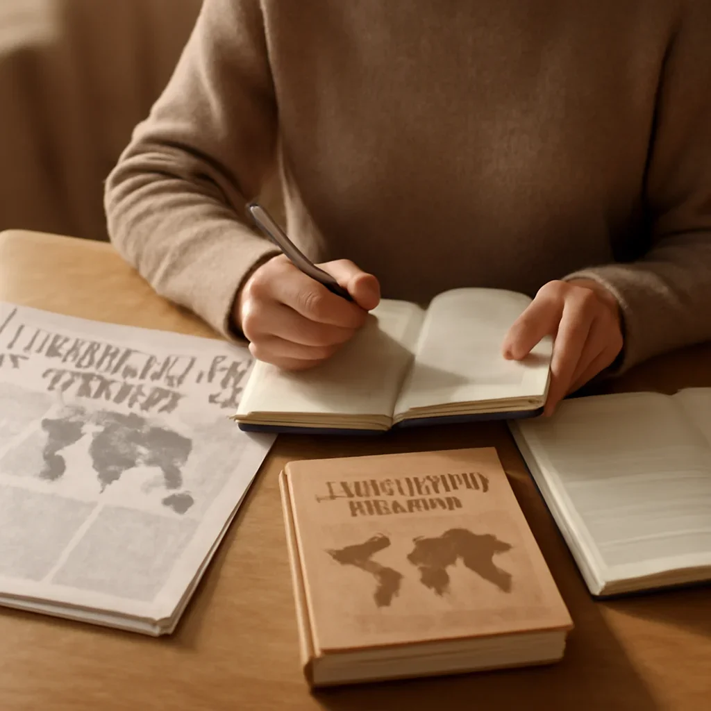 Closing call-to-action image for Case Studies featuring readers, notebooks, and international affairs material