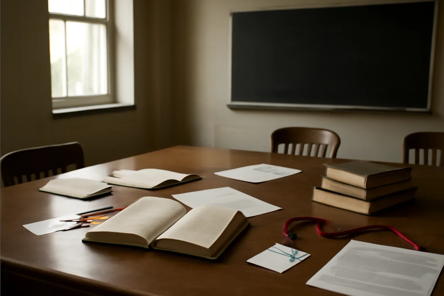 Editorial-style image for Legacy All In A Day's Work Category with student debate room with books, lanyards, and policy notes