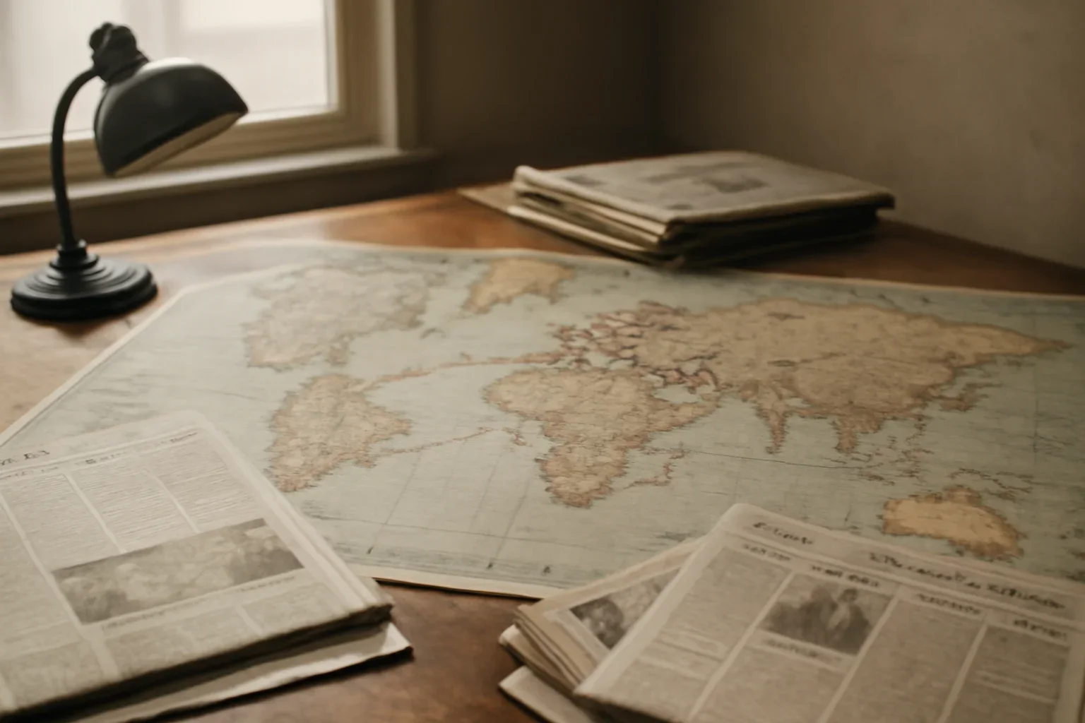 Editorial-style image for Legacy Features Category with editorial desk with a world map, newspapers, and route markings