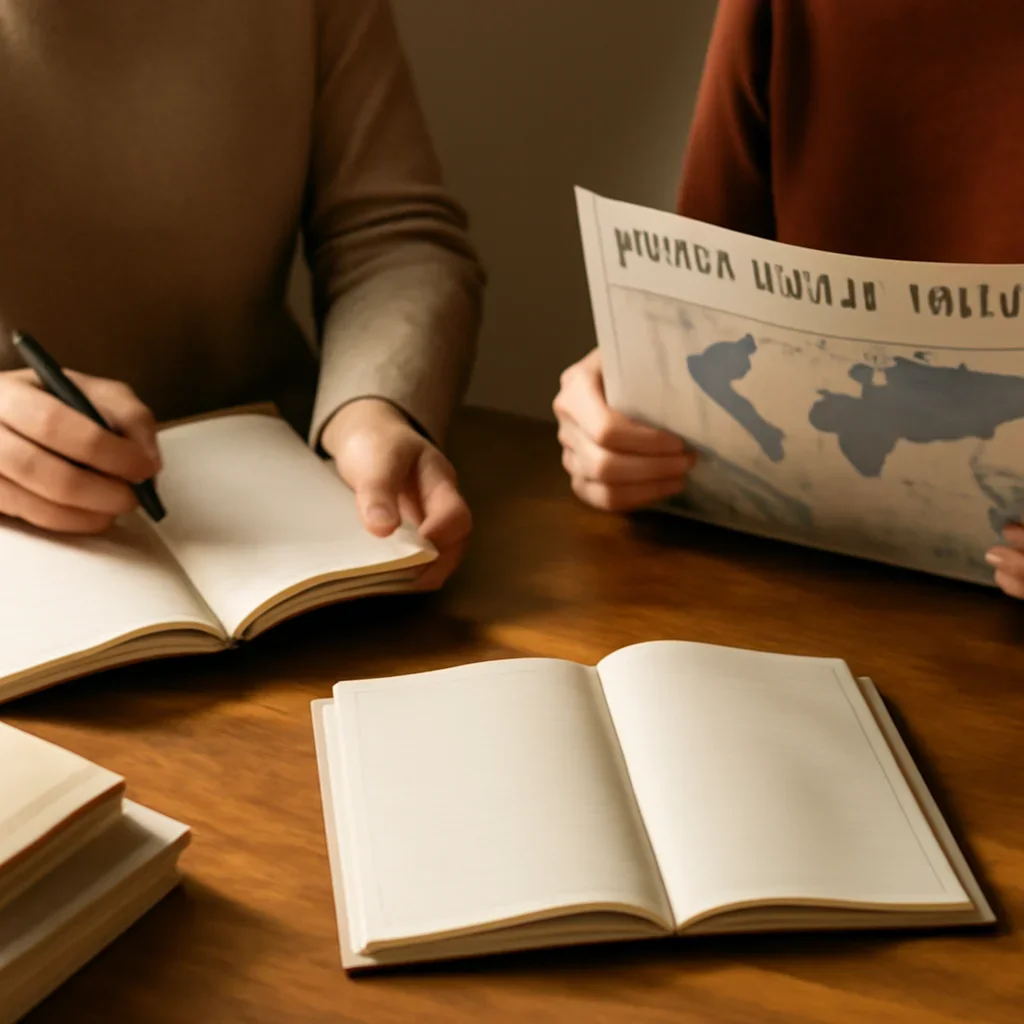 Closing call-to-action image for Contact featuring readers, notebooks, and international affairs material