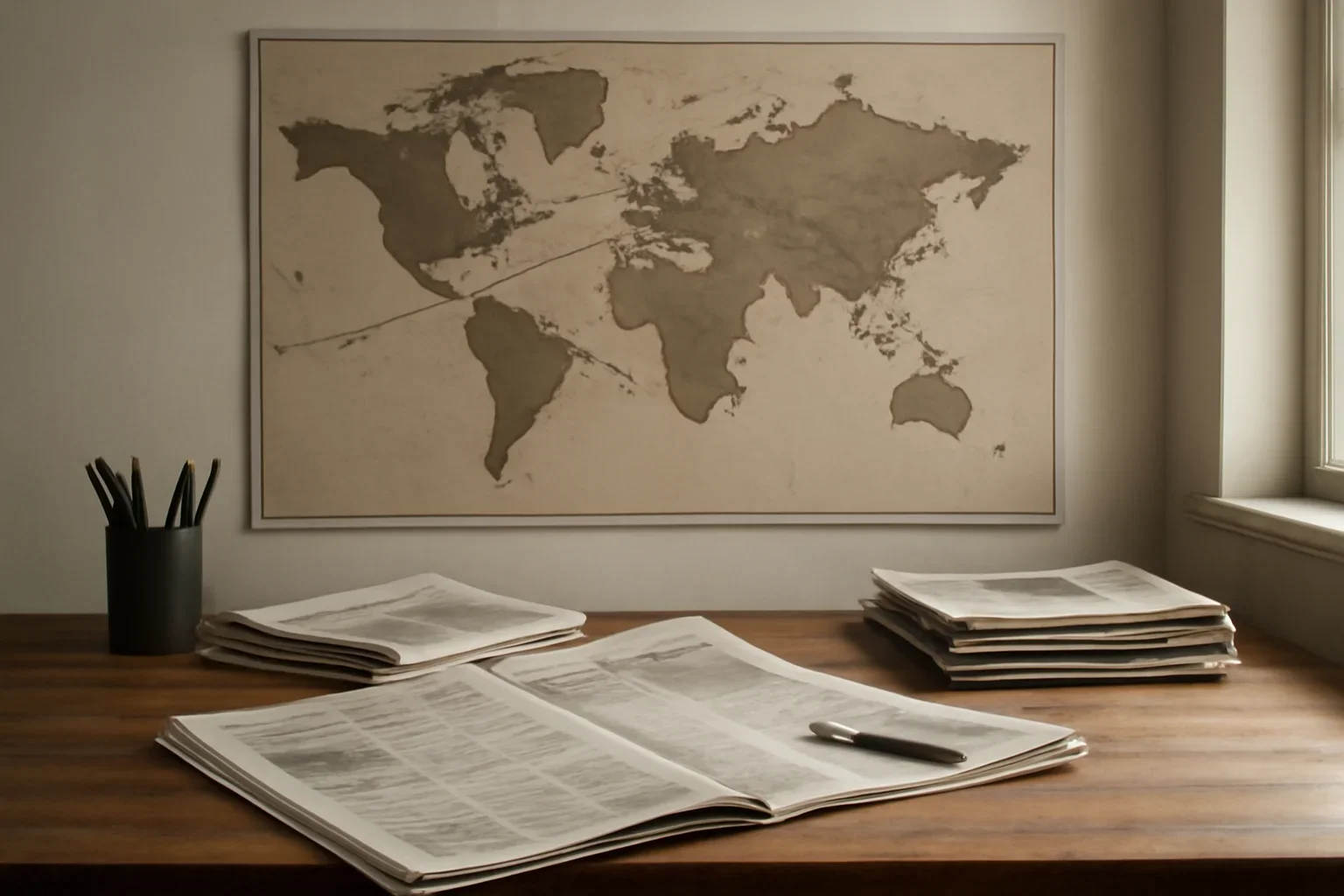 Editorial-style image for Corrections Policy with editorial desk with a world map, newspapers, and route markings