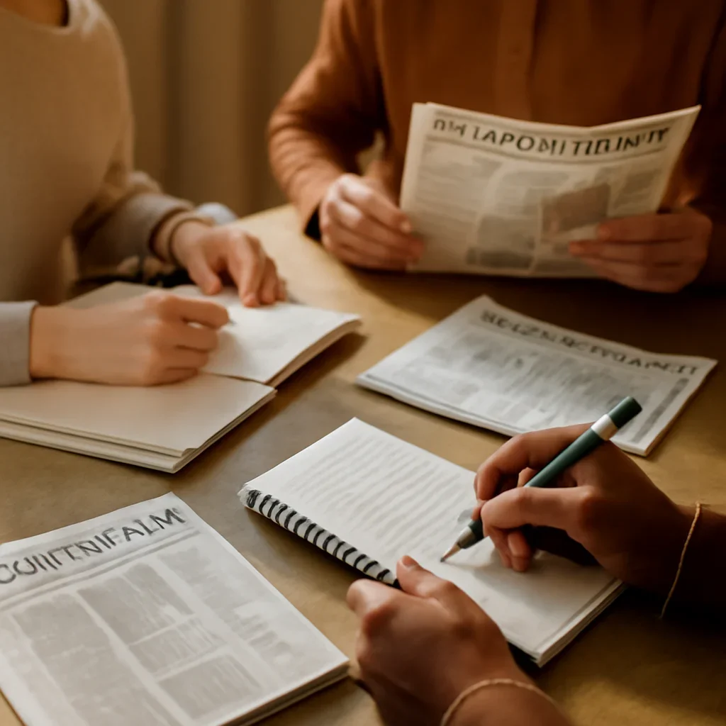 Closing call-to-action image for Editorial Policy featuring readers, notebooks, and international affairs material