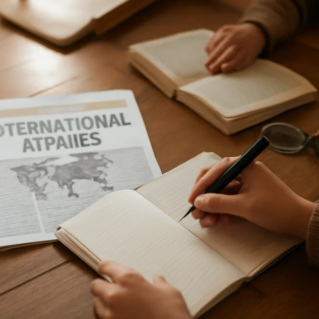 Closing call-to-action image for Events featuring readers, notebooks, and international affairs material