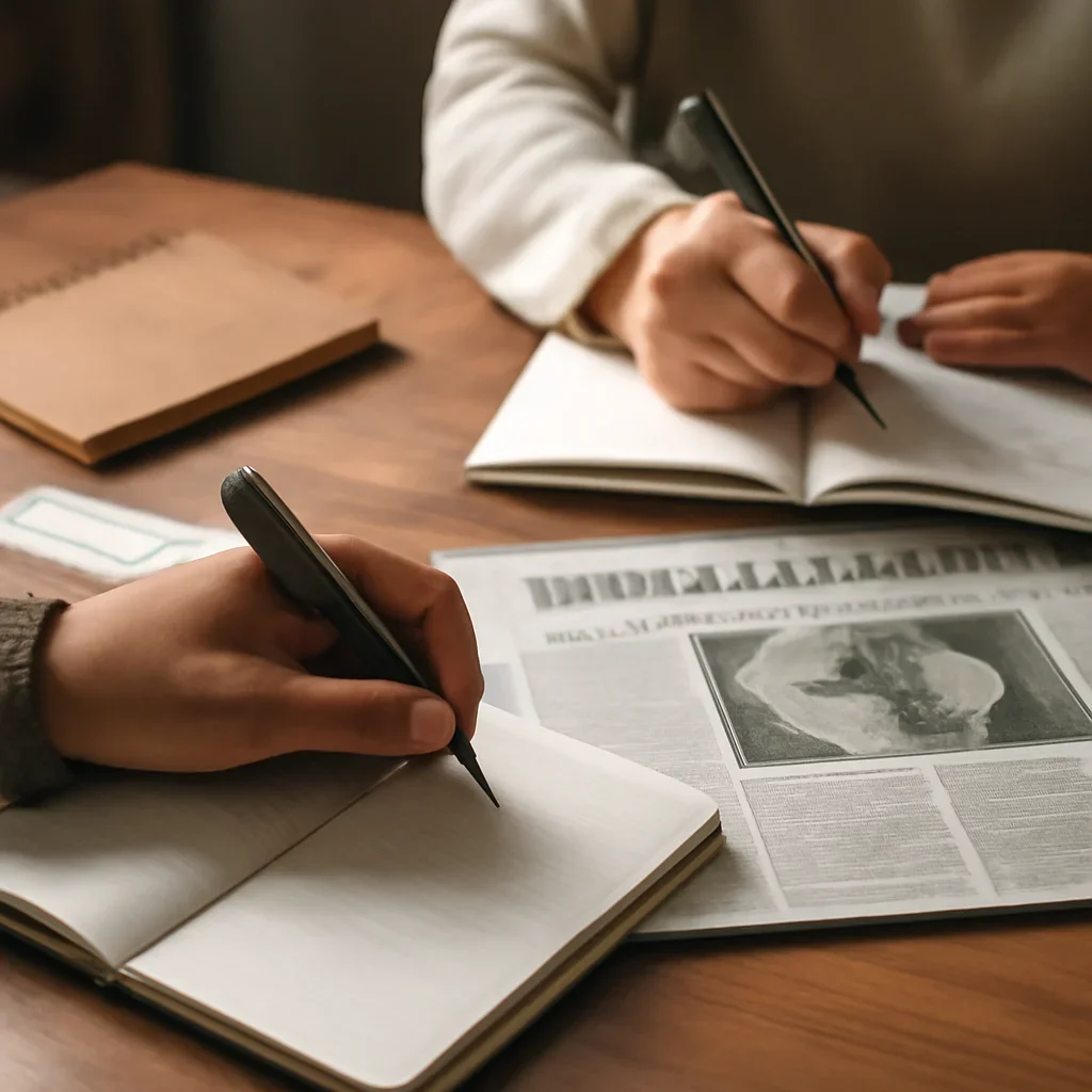 Closing call-to-action image for Fact-Checking Policy featuring readers, notebooks, and international affairs material