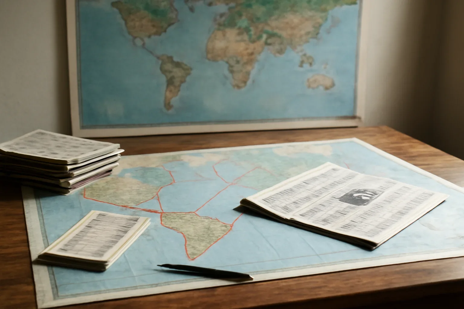 Editorial-style image for Fact-Checking Policy with editorial desk with a world map, newspapers, and route markings