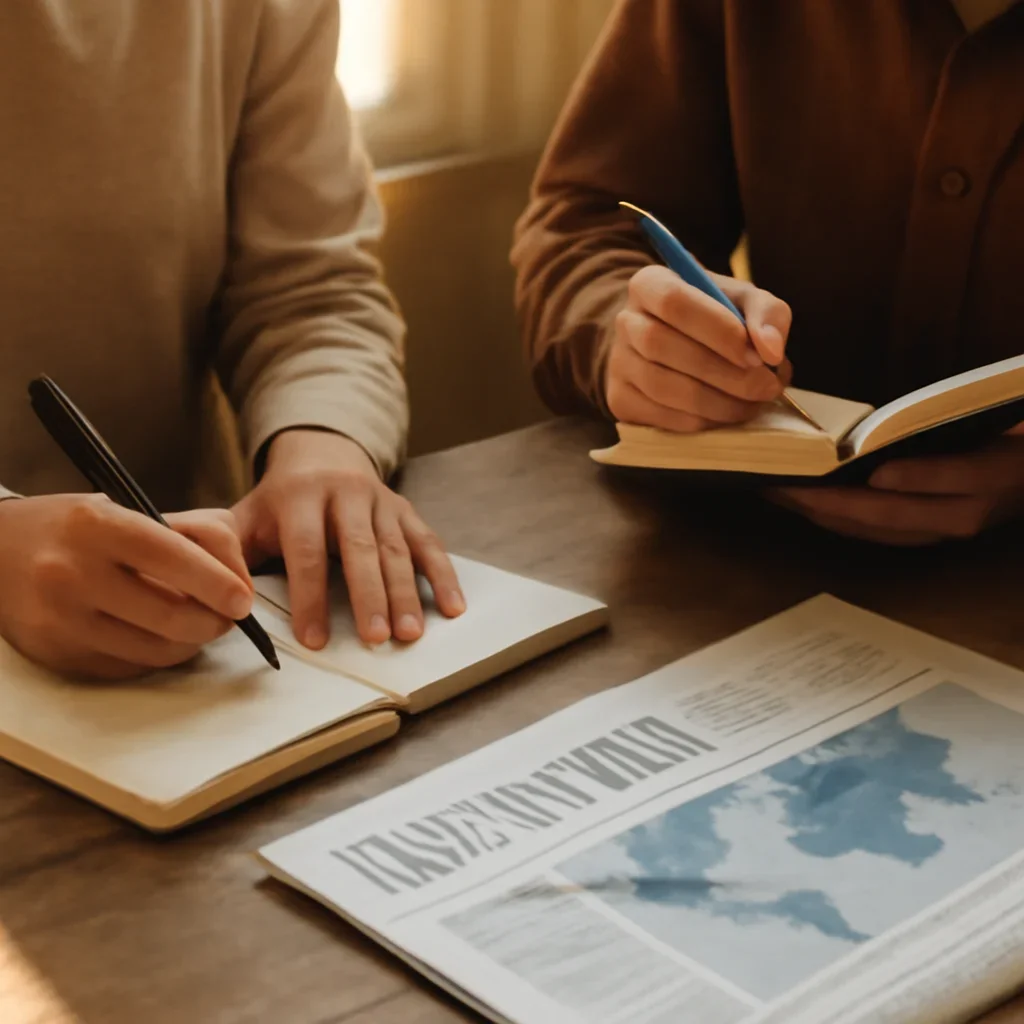 Closing call-to-action image for FAQ featuring readers, notebooks, and international affairs material