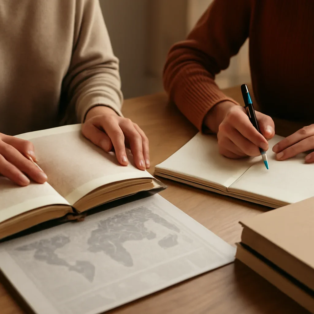 Closing call-to-action image for Features featuring readers, notebooks, and international affairs material