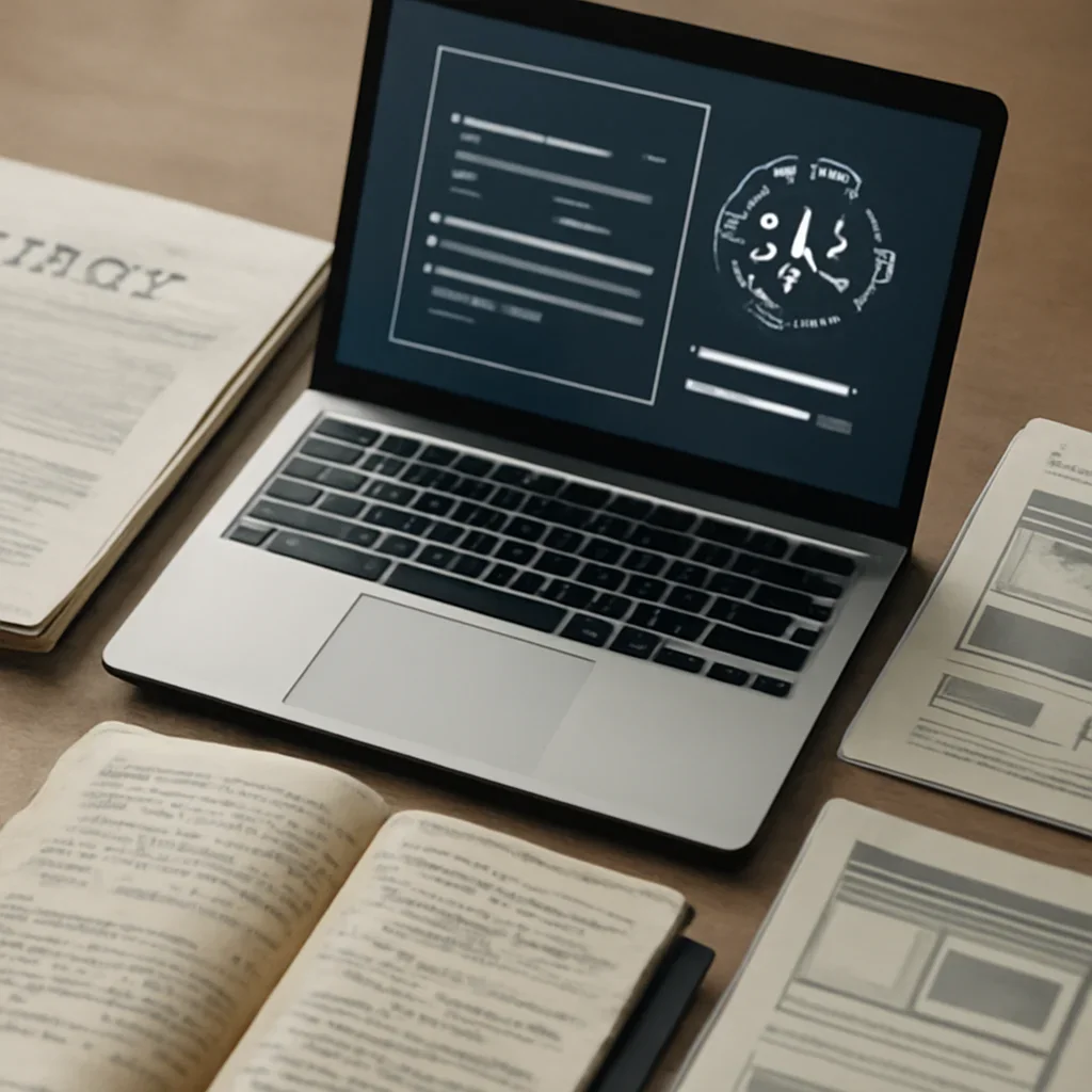 Supporting visual for Features showing AI research workstation with policy papers, interface mockups, and notebook annotations in a working editorial context