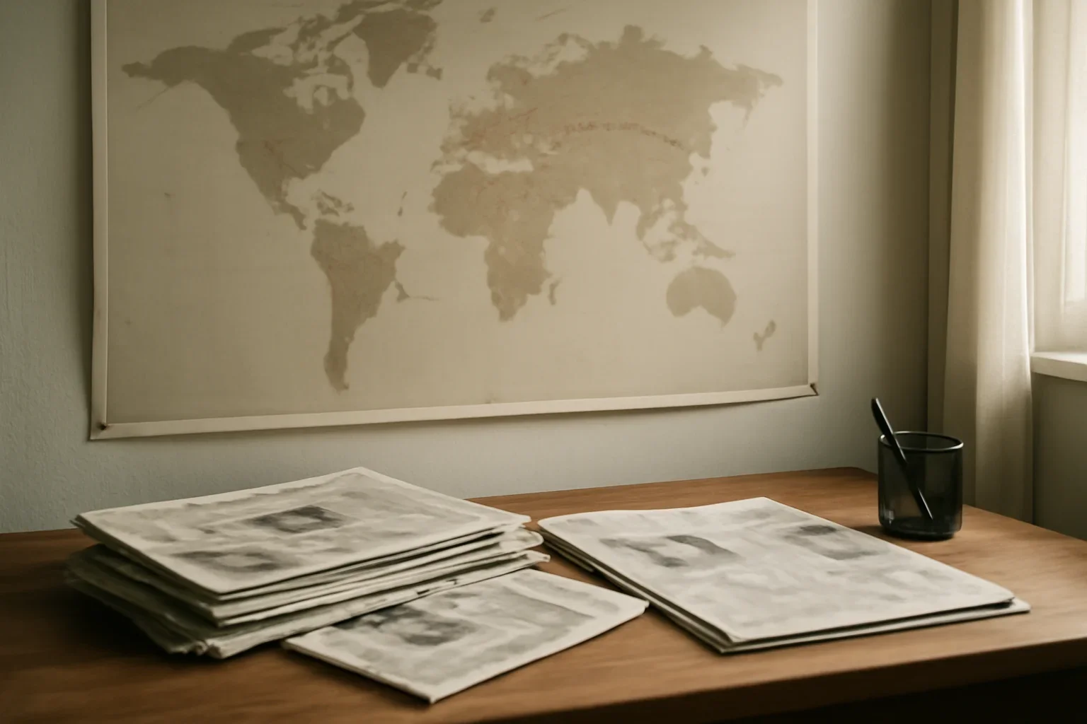 Editorial-style image for Legacy Home with AI research workstation with policy papers, interface mockups, and notebook annotations