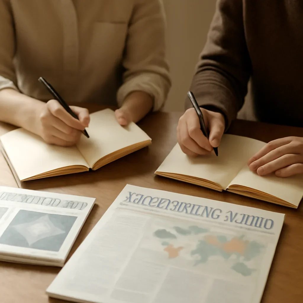 Closing call-to-action image for Integrations featuring readers, notebooks, and international affairs material