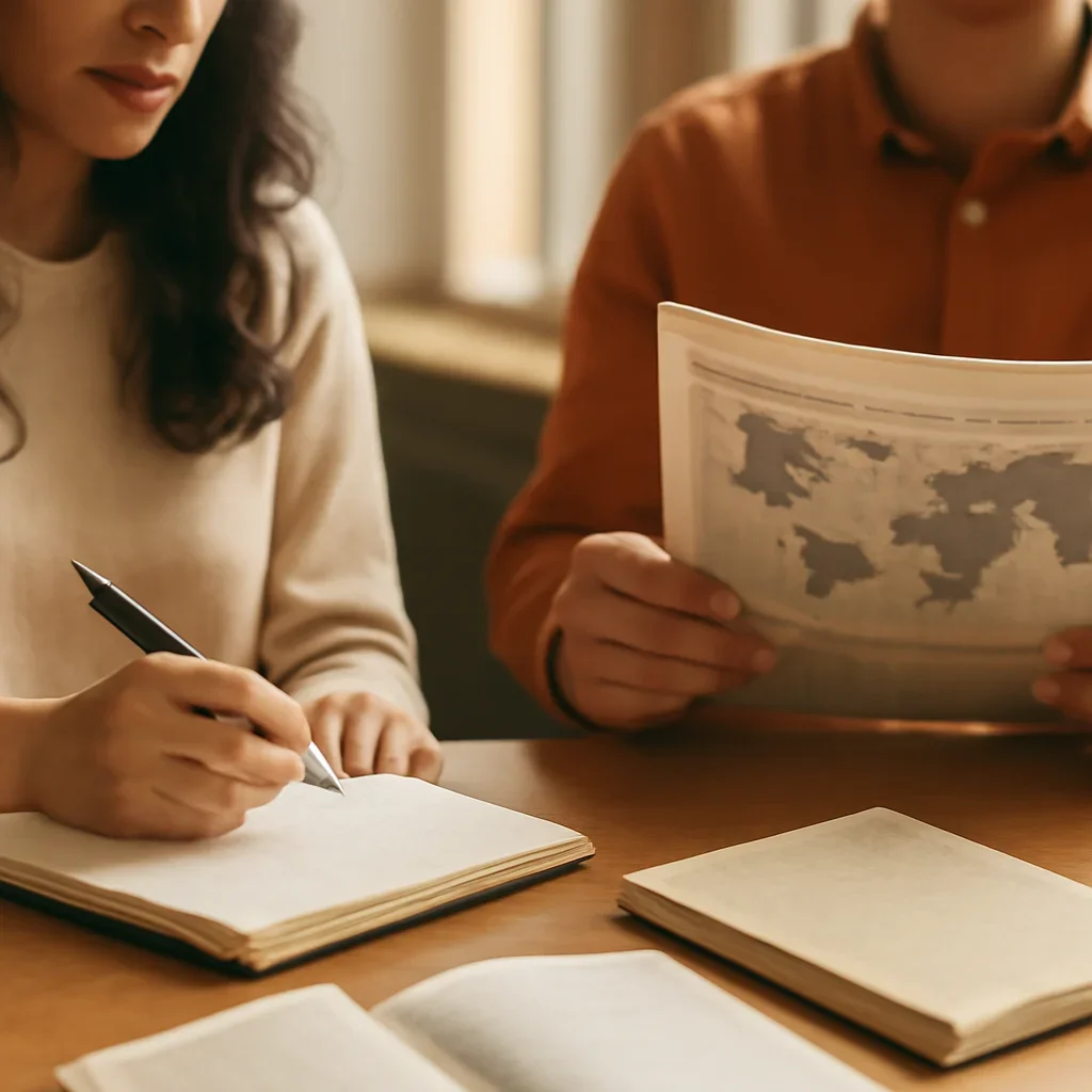 Closing call-to-action image for Google News featuring readers, notebooks, and international affairs material