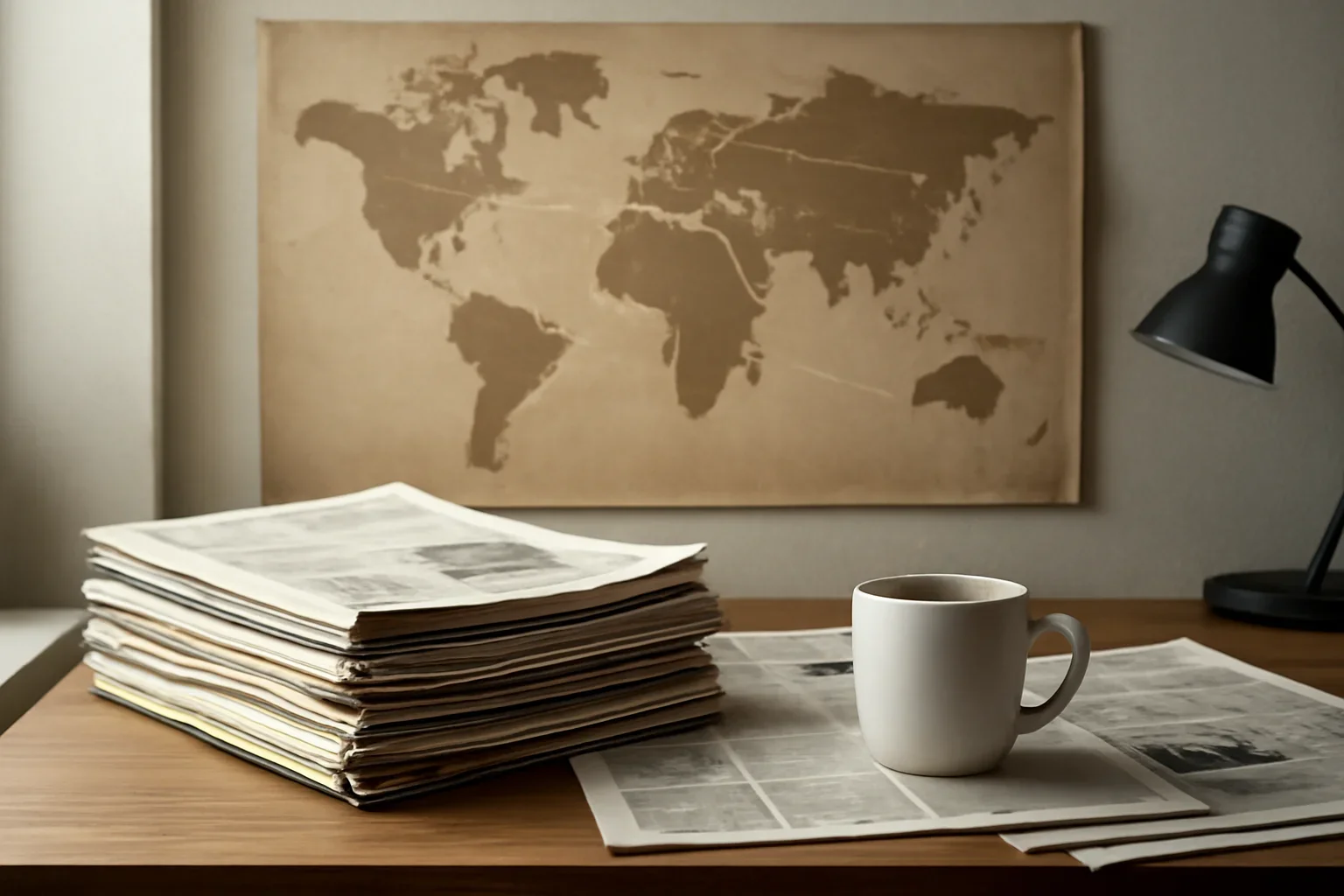 Editorial-style image for Integrations with editorial desk with a world map, newspapers, and route markings