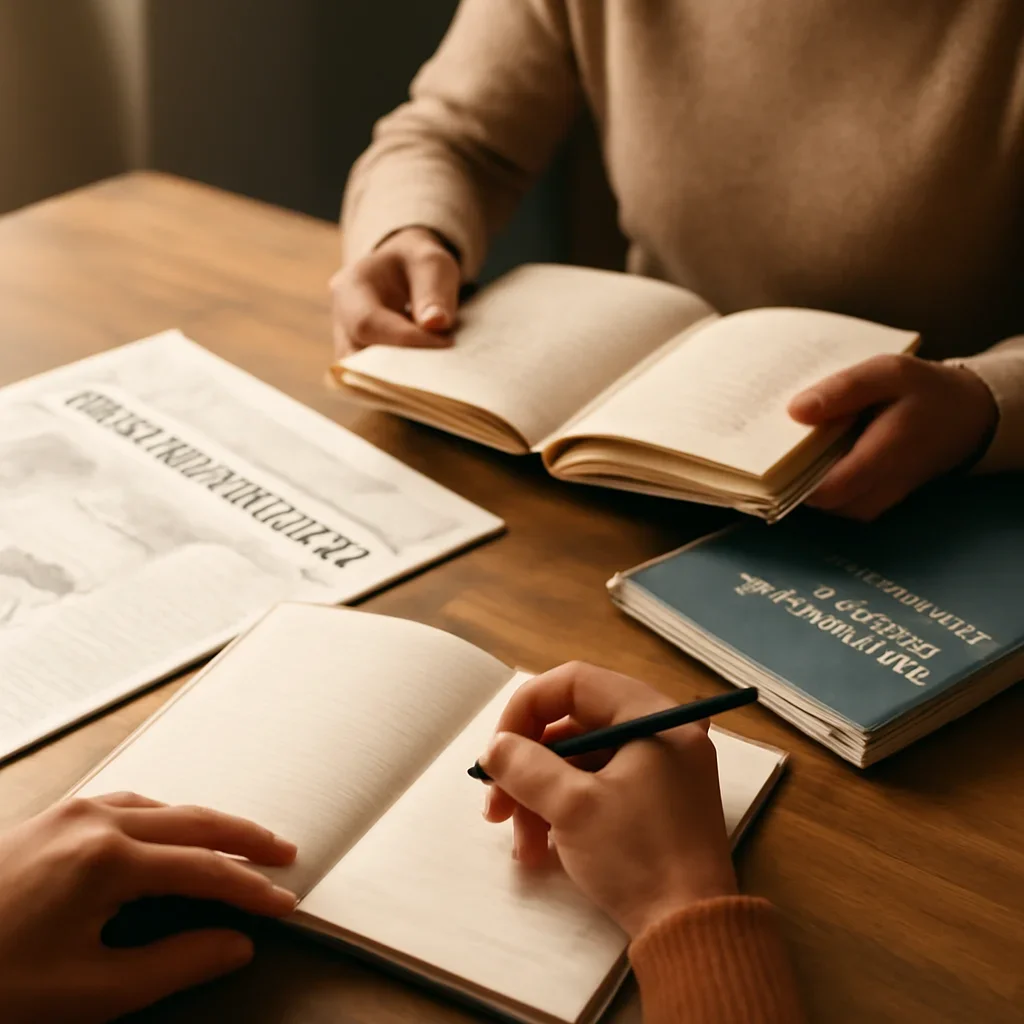 Closing call-to-action image for RSS Feed featuring readers, notebooks, and international affairs material