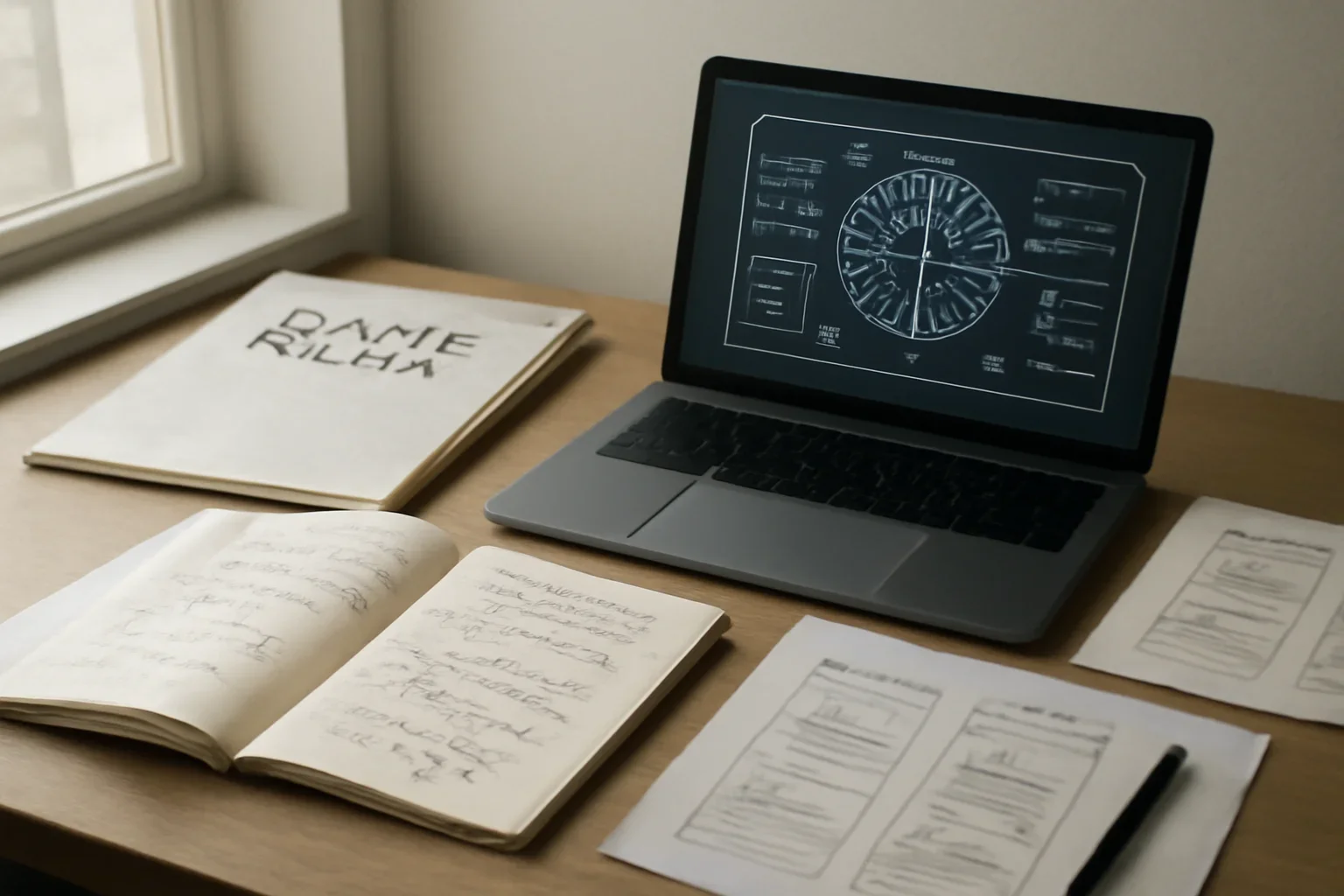 Editorial-style image for RSS Feed with AI research workstation with policy papers, interface mockups, and notebook annotations