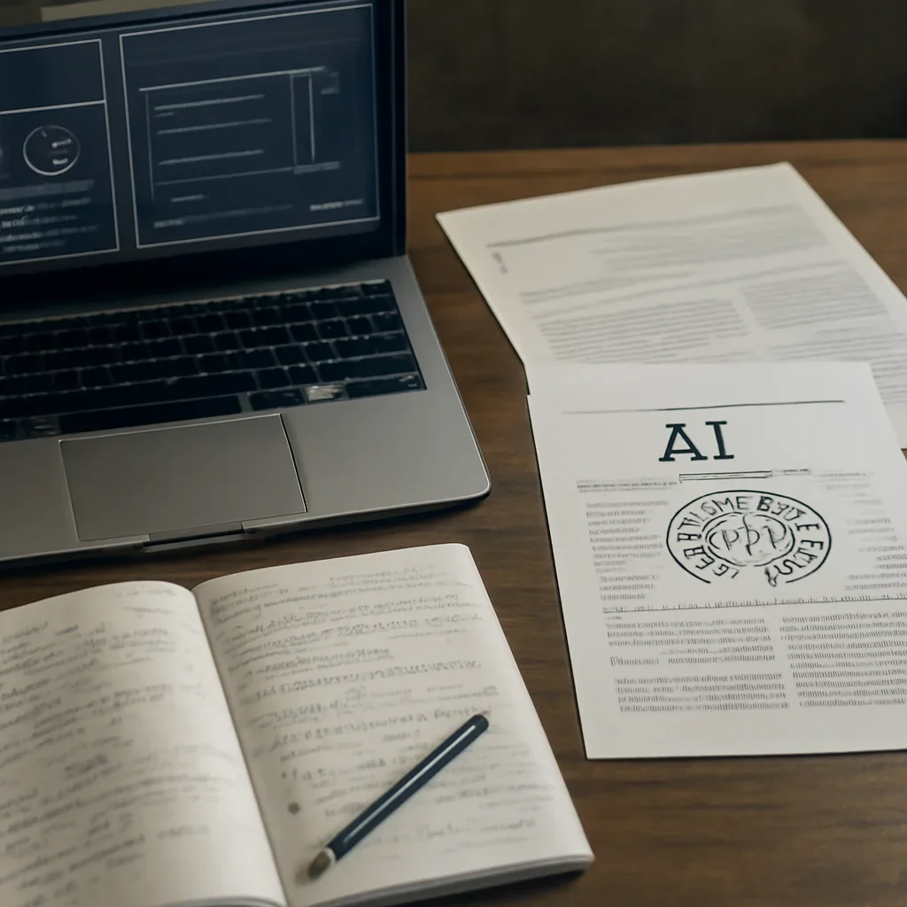 Supporting visual for RSS Feed showing AI research workstation with policy papers, interface mockups, and notebook annotations in a working editorial context