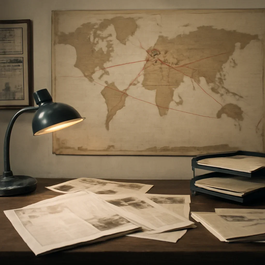 Supporting visual for Integrations showing editorial desk with a world map, newspapers, and route markings in a working editorial context