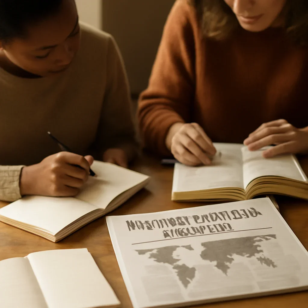 Closing call-to-action image for Substack featuring readers, notebooks, and international affairs material