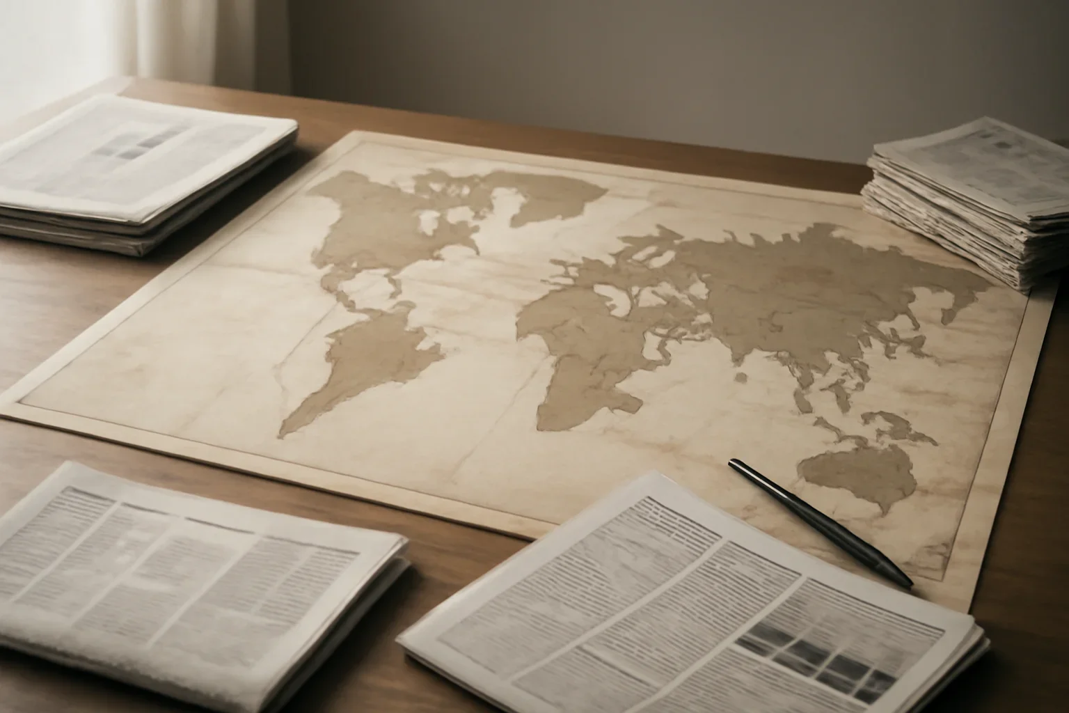 Editorial-style image for Substack with editorial desk with a world map, newspapers, and route markings