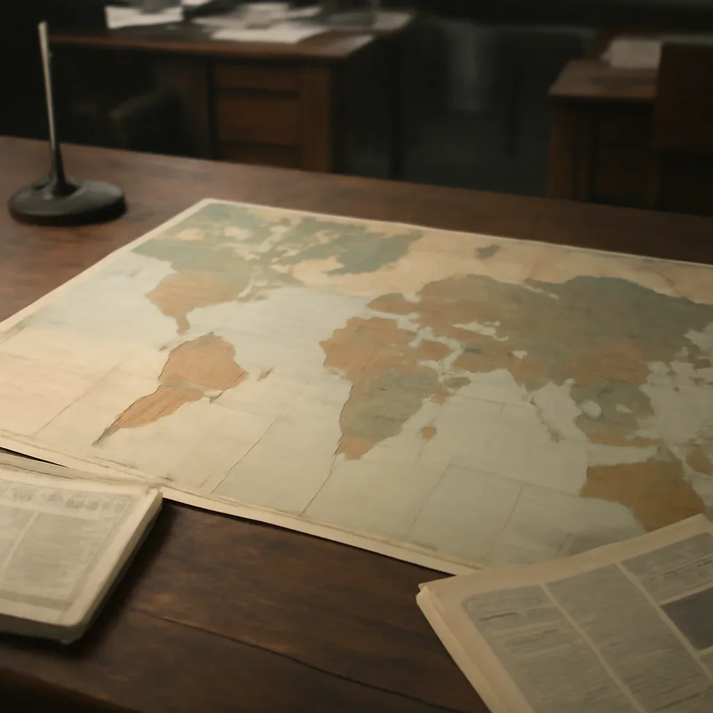 Supporting visual for Substack showing editorial desk with a world map, newspapers, and route markings in a working editorial context