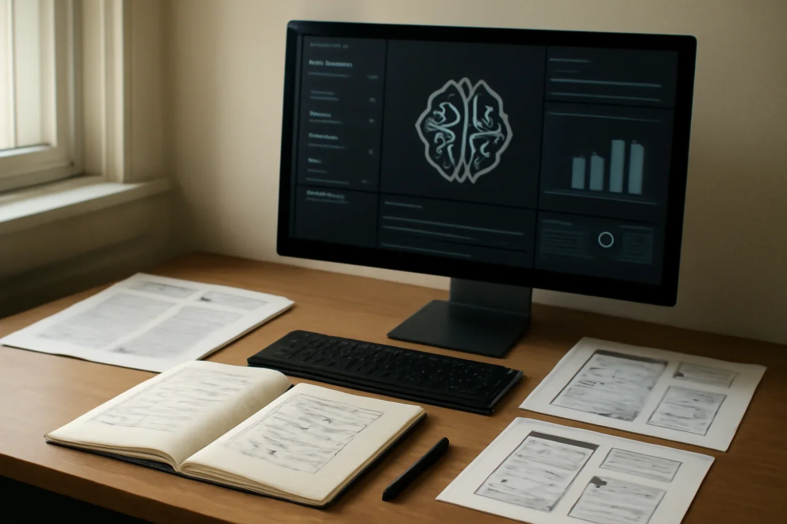 Editorial-style image for Masthead with AI research workstation with policy papers, interface mockups, and notebook annotations