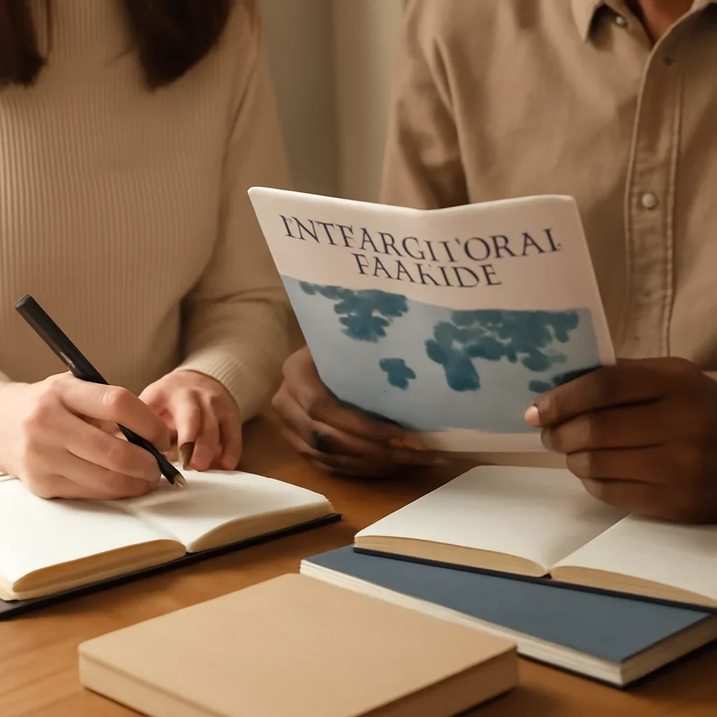 Closing call-to-action image for Partners featuring readers, notebooks, and international affairs material