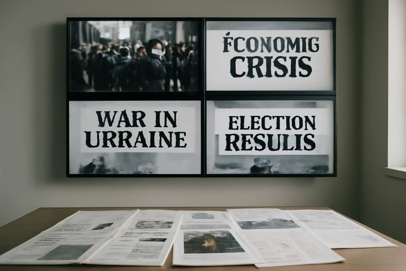 Editorial-style image for Partners with newsroom monitor wall with contrasting headlines and marked-up print pages