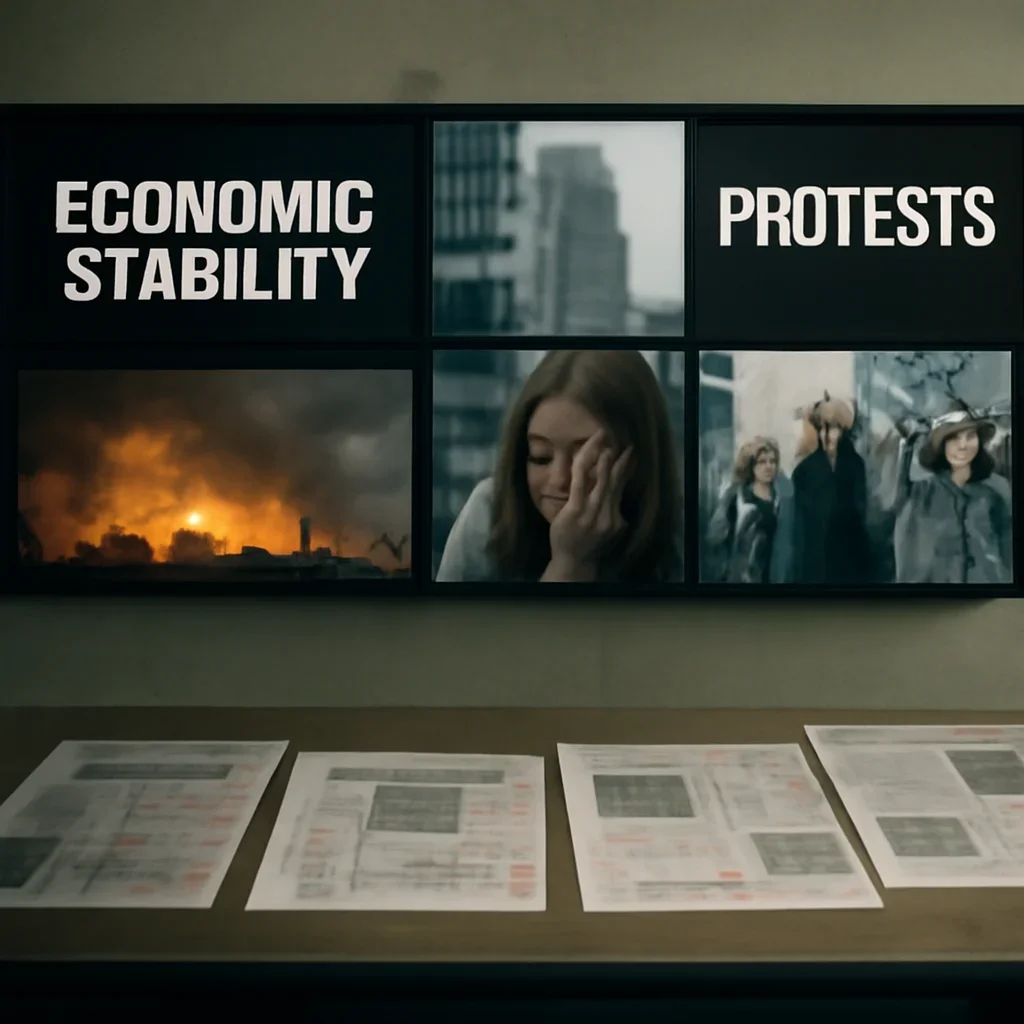 Supporting visual for Partners showing newsroom monitor wall with contrasting headlines and marked-up print pages in a working editorial context
