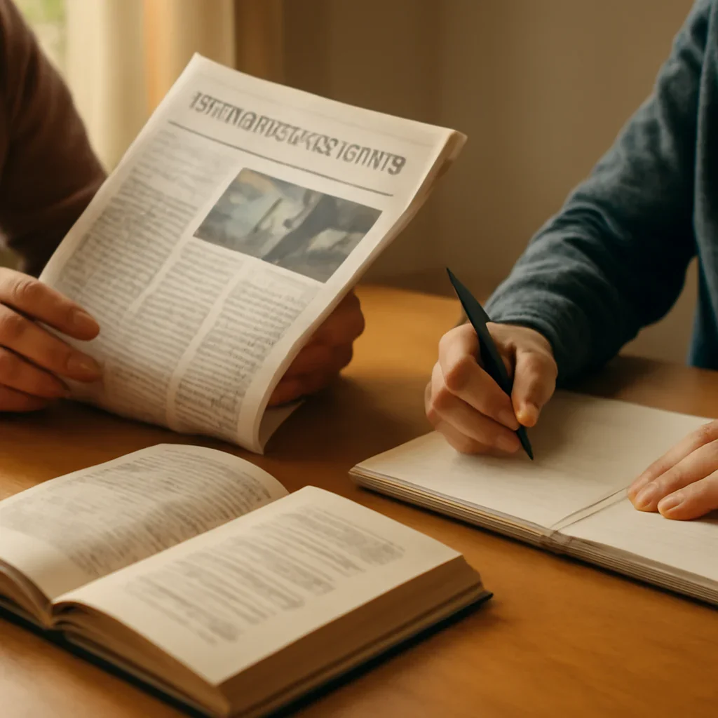Closing call-to-action image for Pricing & Media Kit featuring readers, notebooks, and international affairs material