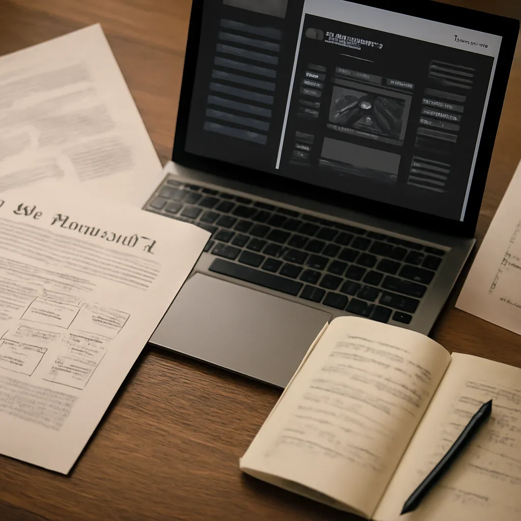 Supporting visual for Pricing & Media Kit showing AI research workstation with policy papers, interface mockups, and notebook annotations in a working editorial context
