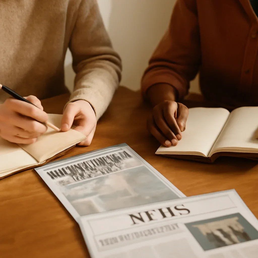 Closing call-to-action image for All In A Day's Work featuring readers, notebooks, and international affairs material