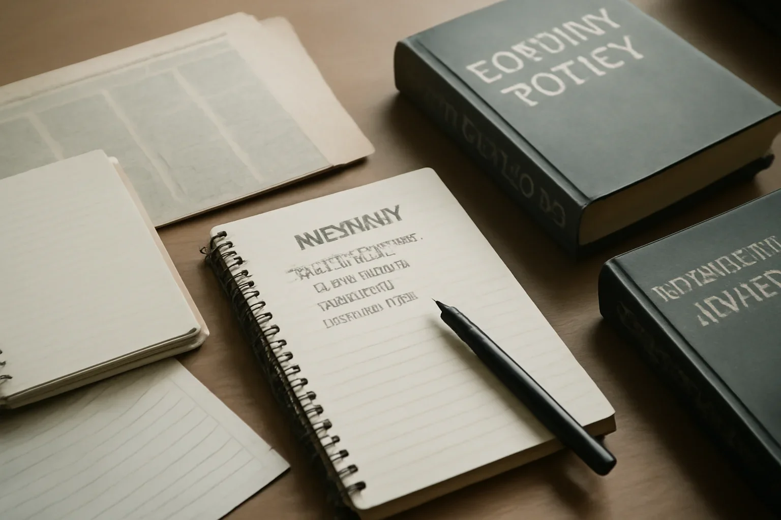 Editorial-style image for All In A Day's Work with student career planning desk with notebooks, interview notes, and foreign policy books