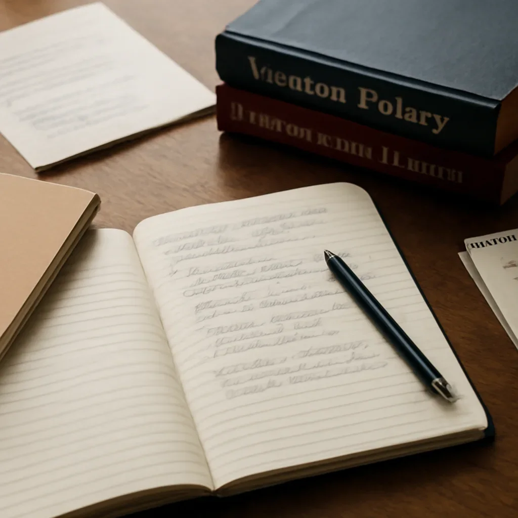 Supporting visual for All In A Day's Work showing student career planning desk with notebooks, interview notes, and foreign policy books in a working editorial context