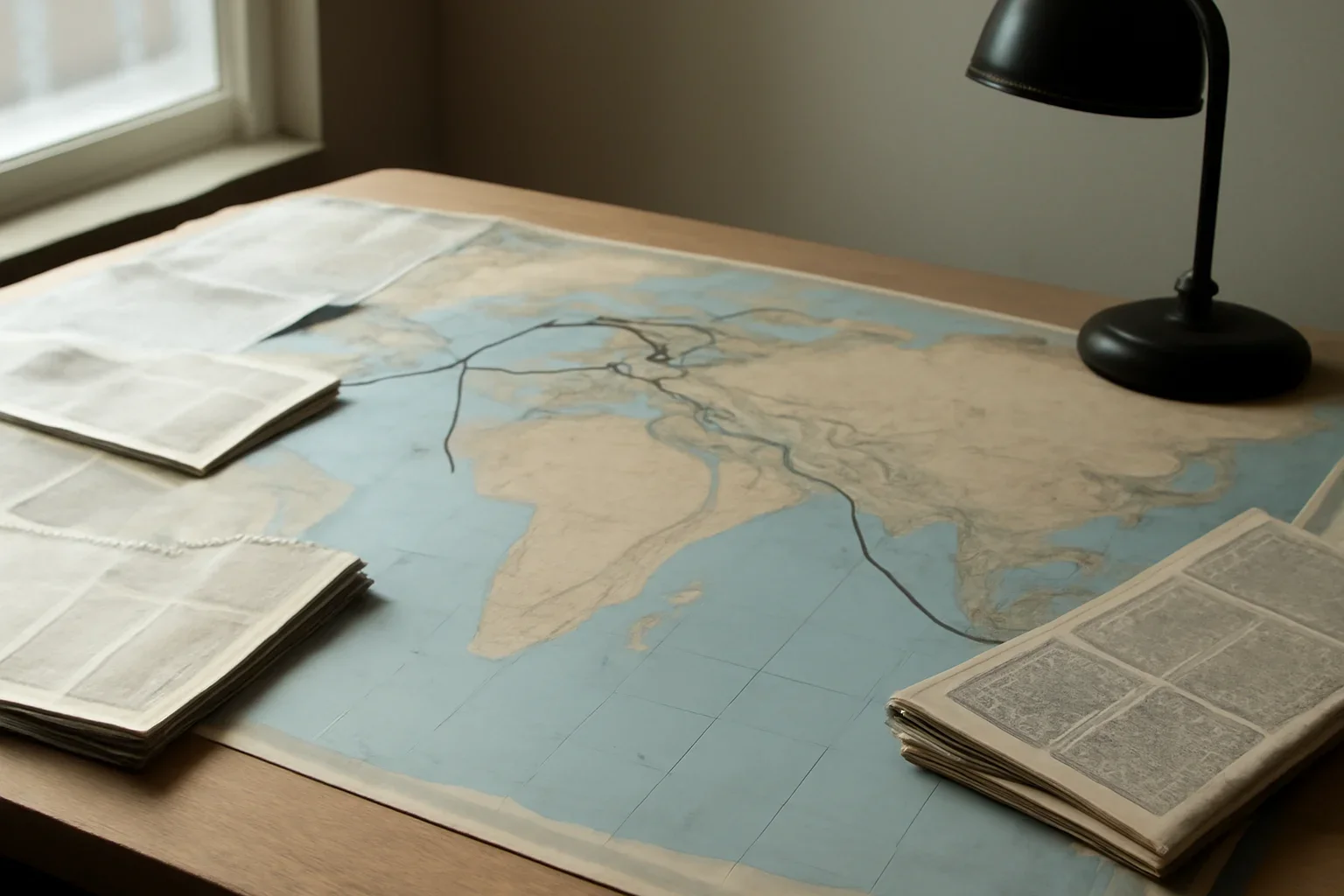 Editorial-style image for Features Series with editorial desk with a world map, newspapers, and route markings