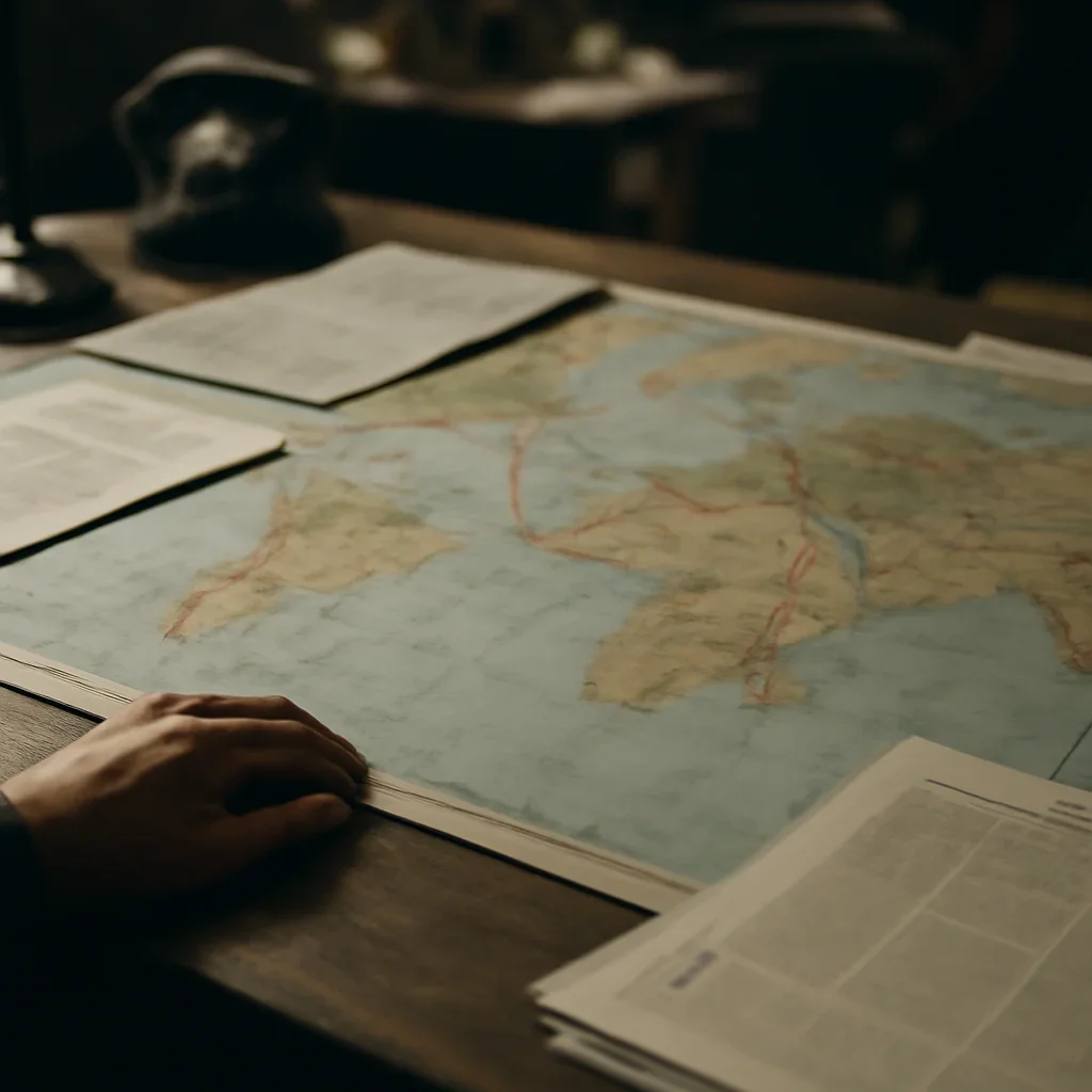 Supporting visual for Features Series showing editorial desk with a world map, newspapers, and route markings in a working editorial context